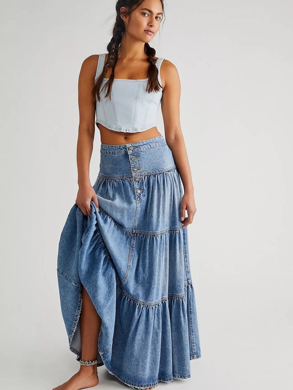 FREE PEOPLE Dreamweaver Maxi Skirt Denim Jean S Small NWT